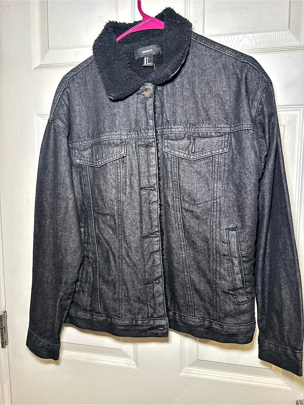 Forever 21 Black Denim Sherpa Jacket Black Large